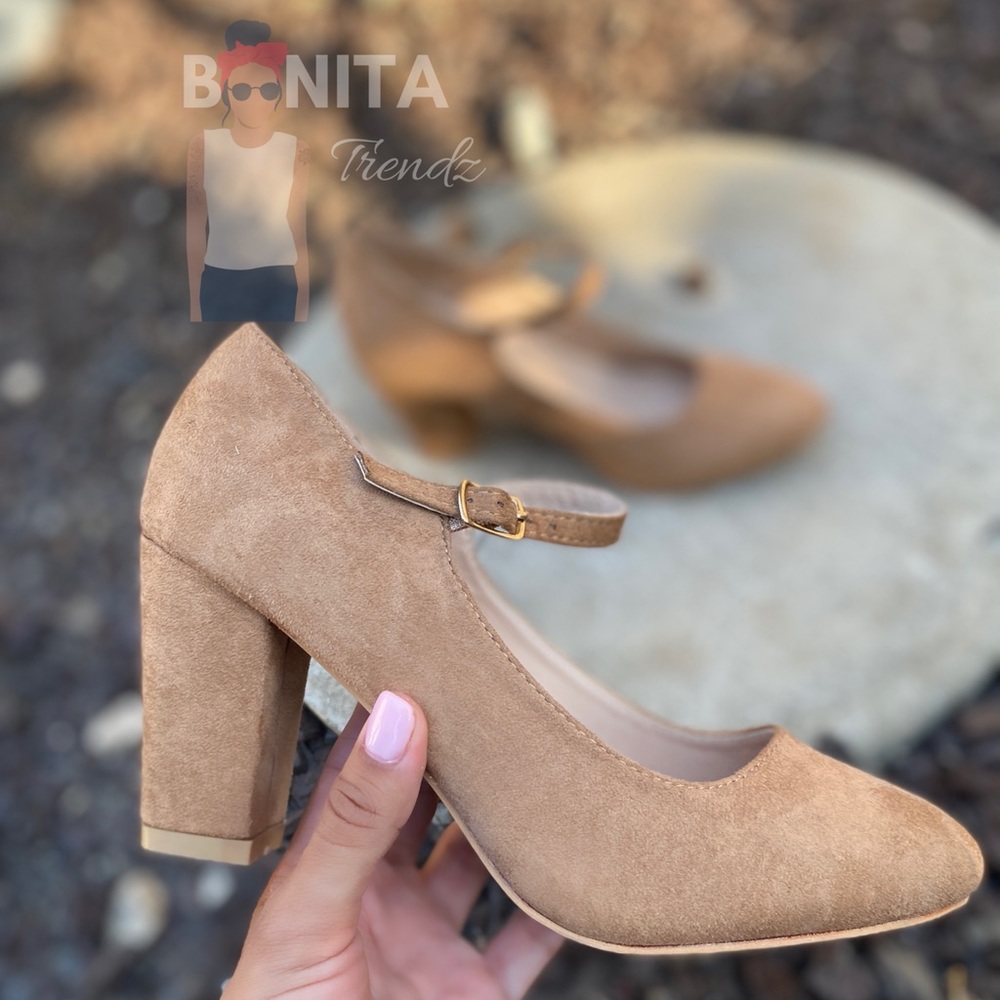Vegan Suede Tan Mary Jane Pin Up Pumps Heels - Picture 5 of 5